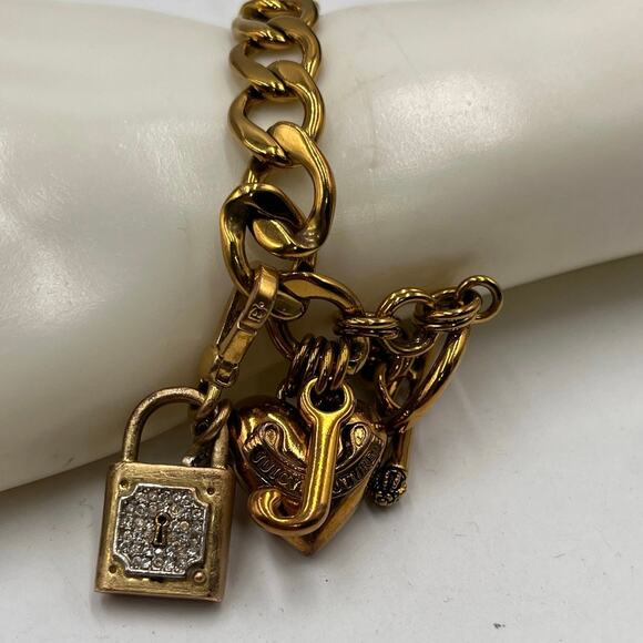 Juicy Couture Gold Tone Pave Padlock With Key Puff 3D Heart and J Charm Bracelet - Picture 1 of 8